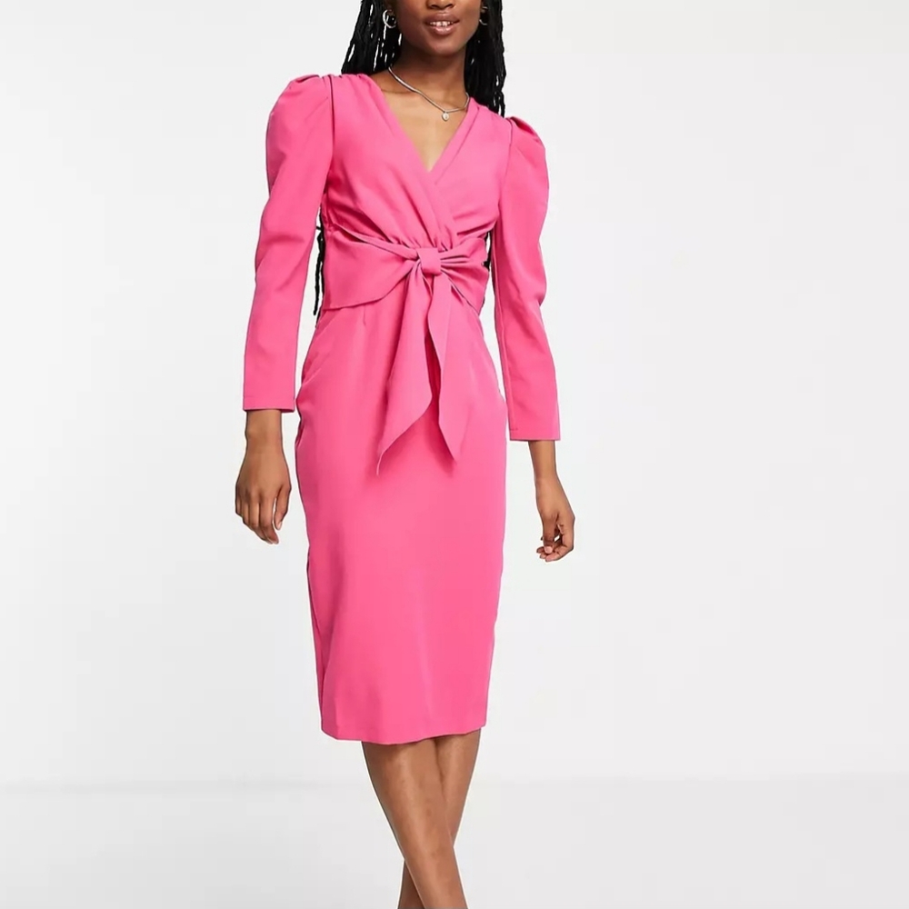 Little Mistress Puff Shoulder Tie Front Detail Midi Dress
